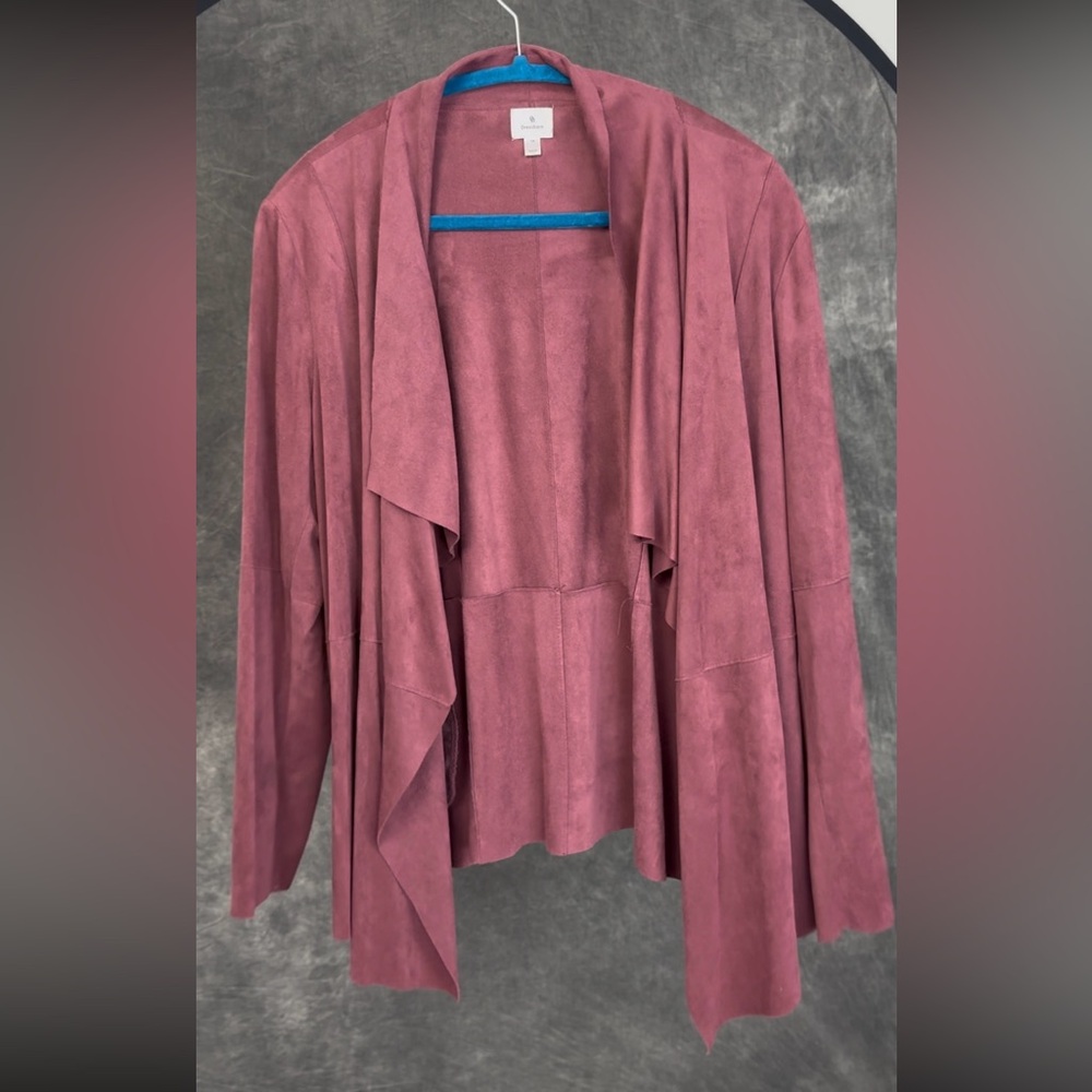 Dressbarn 1X Burgundy Faux Suede Drape Jacket Cardigan | Zipper Pockets - Picture 3 of 8